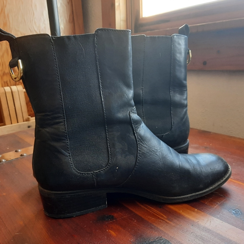Ralph Lauren Mona Leather Pull on Heeled Boots/Booties 7.5 Black